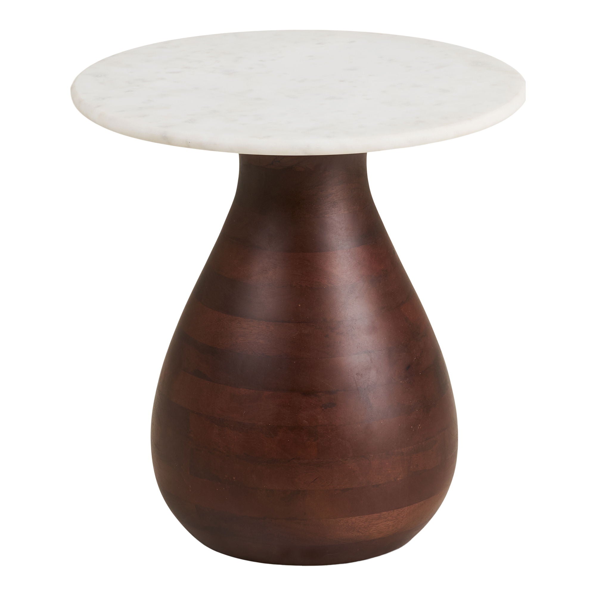 House Nordic Heide bijzettafel met rond wit marmeren blad en donkerbruine mangohouten voet, strak Scandinavisch accent